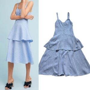 Steele Anthropologie Linen Light Blue Ruffle Midi Dress S